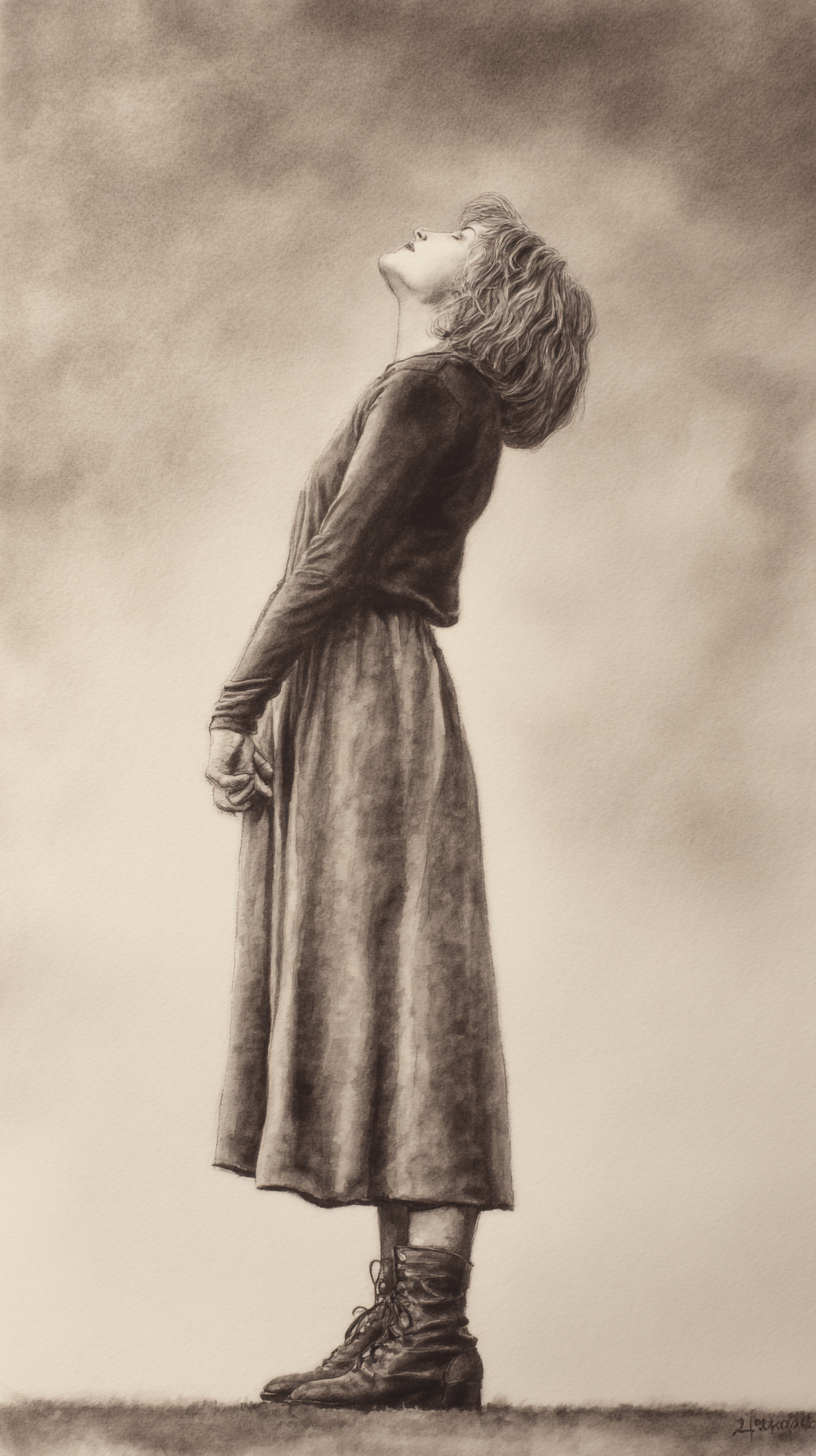 Figure gazing upward in contemplation